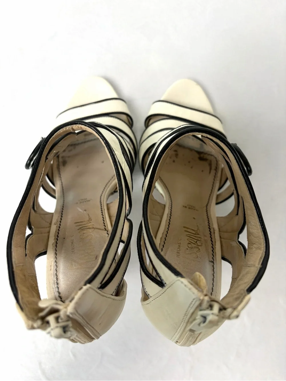 Jerome C Rousseau strappy leather high heels, buckle, black/white, EUC, 36.5